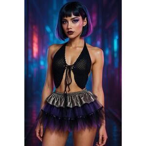 Y2K Crochet Butterfly Top Velvet Mesh Tutu Outfit Gothic Festival Cyberpunk OS